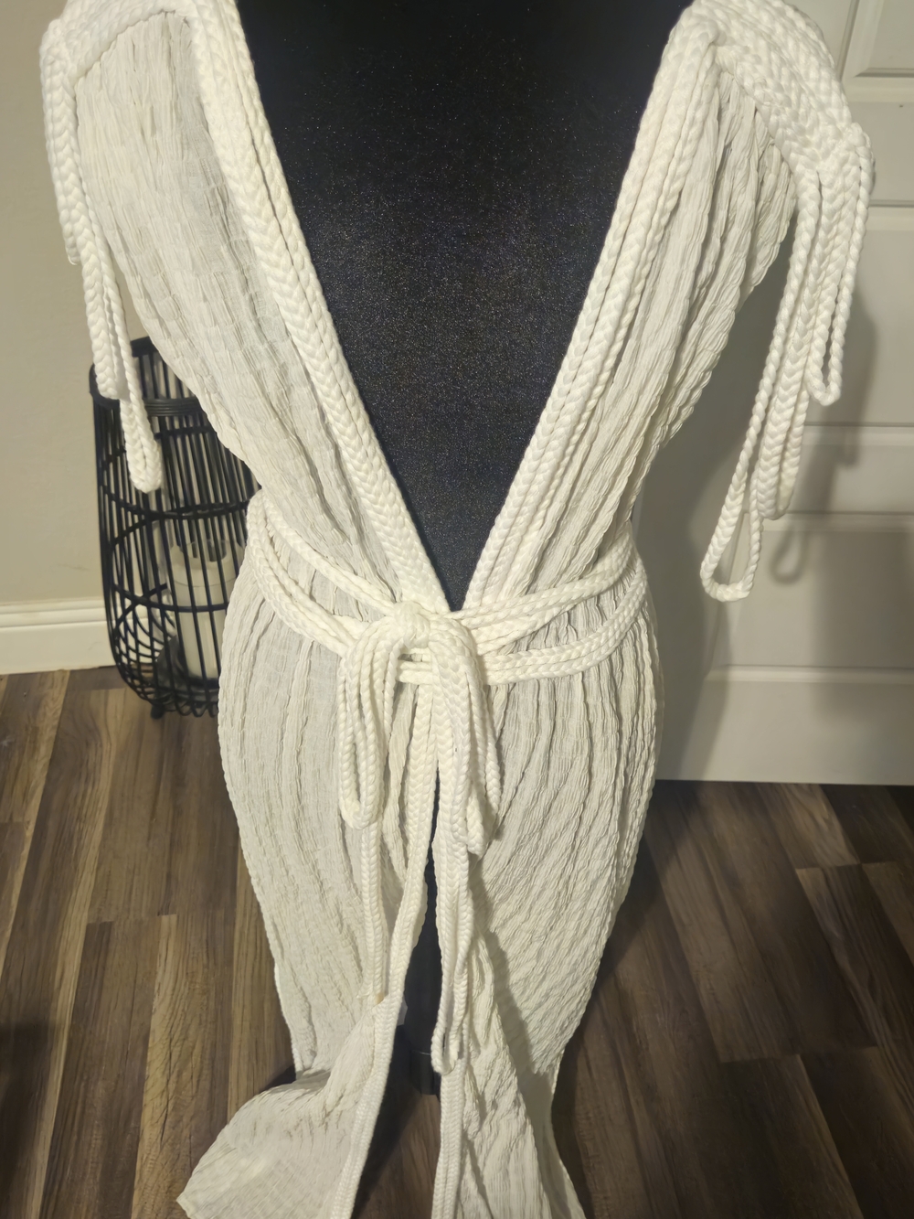 White Textured Knit Maxi Cover-up Cover-up with Rope Belt